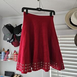 Sioni Vibrant Red Skater Skirt with Eyelet Accents